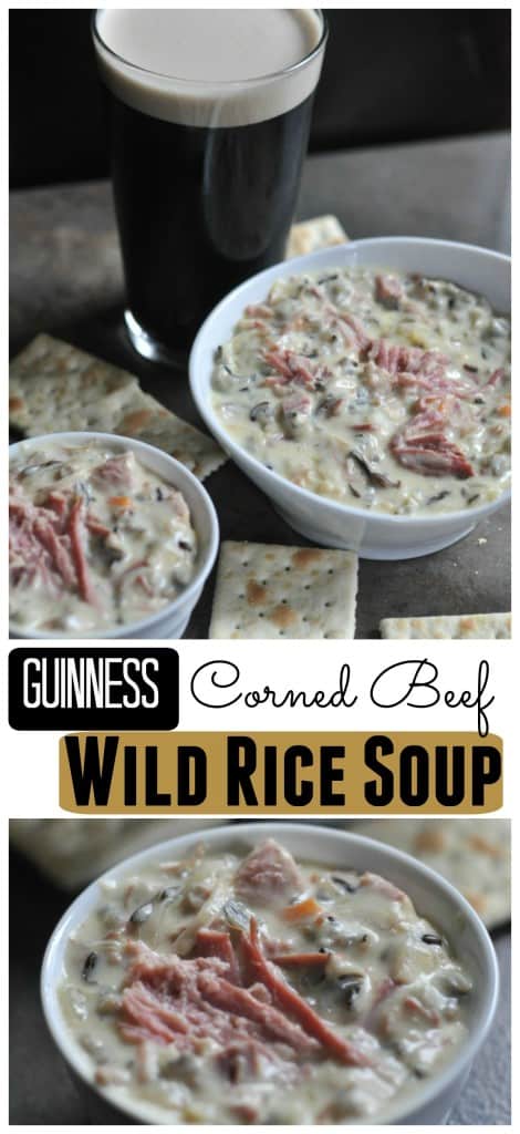 Corned Beef Wild Rice Soup is a St. Patrick's Day twist on the Minnesota classic. Creamy wild rice soup made with Guinness corned beef and sauerkraut. https://diningwithalice.com/soup/corned-beef-wild-rice-soup/