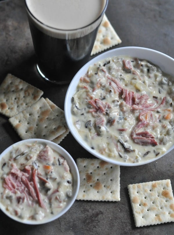 Corned Beef Wild Rice Soup is a St. Patrick's Day twist on the Minnesota classic. Creamy wild rice soup made with Guinness corned beef and sauerkraut. https://diningwithalice.com/soup/corned-beef-wild-rice-soup/