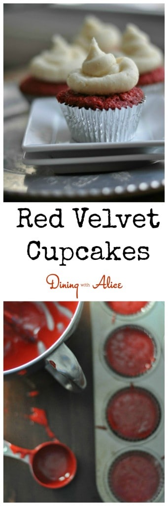 Simple Red Velvet cupcakes with cream cheese frosting Recipe here: https://diningwithalice.com/comfort-foods/red-velvet-cupcakes/ #redvelvet #redvelvetcupcakes 