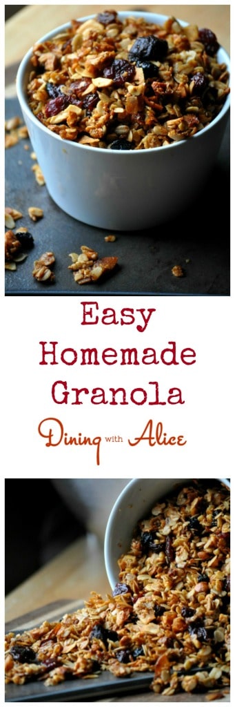 Easy Homemade Granola in less than an hour with just oats, nuts, honey, oil and dried fruit. #granola #breakfast