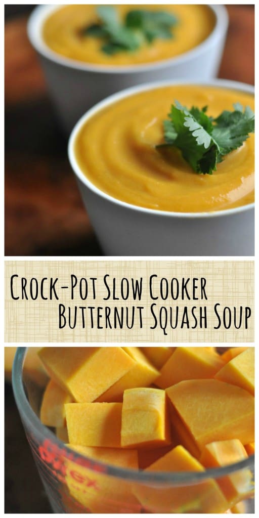 Super simple Butternut Squash Soup made right in your crock-pot. Just five ingredients. Paleo and Whole 30 Friendly.