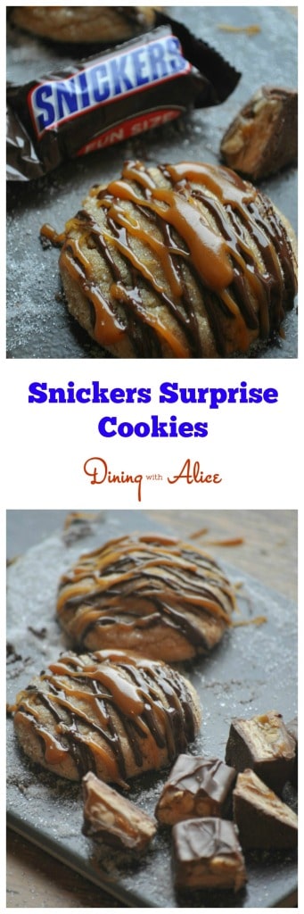 #Snickers Surprise #Cookies by Dining with Alice peanut butter cookies with Snickers inside drizzled with caramel and dark chocolate. Made with Land O'Lakes Butter. #darkchocolate #caramel #butter