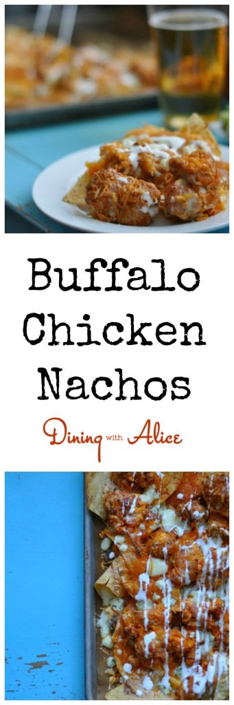 Buffalo Chicken Nachos from Dining with Alice  Game day nachos topped with saucy buffalo popcorn chicken, bacon and four cheeses to make unbeatable Buffalo Chicken Nachos. Check out the easy instructions here: https://diningwithalice.com/appetizers/buffalo-chicken-nachos/ #gameday #nachos #buffalochicken #football