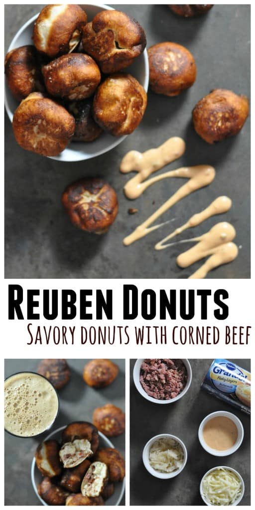 Reuben Donuts made with cooked corned beef, sauerkraut, swiss cheese and Thousand Island dressing tucked inside biscuit dough and deep fried. Recipe here: https://diningwithalice.com/appetizers/reuben-donuts/