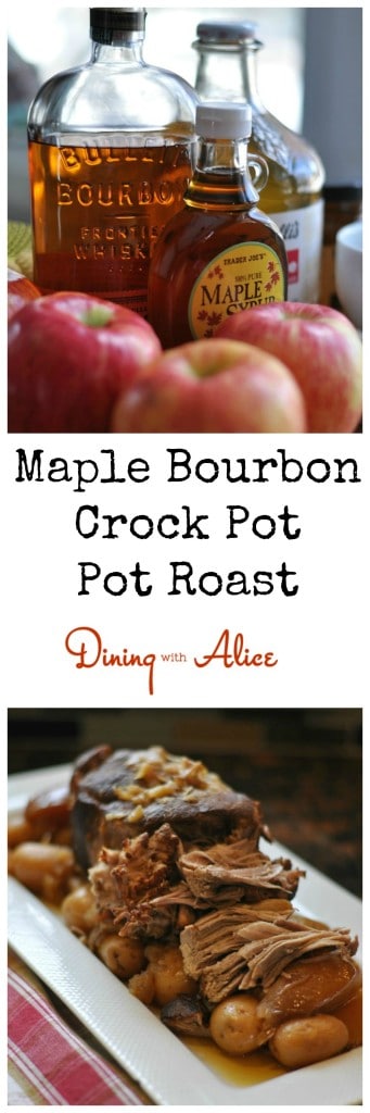 Maple Bourbon Pot Roast made in your crock pot. Recipe here: https://diningwithalice.com/comfort-foods/maple-bourbon-pot-roast/ #apple #bourbon #crockpot #potroast