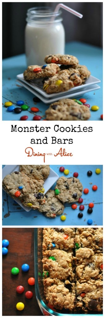 Monster Cookies made with peanut butter, oatmeal, m and m candies and chocolate chips. Make in cookies or Bars. Recipe here: https://diningwithalice.com/desserts/monster-cookies/ #monstercookies #peanutbuttercookies #rainbow