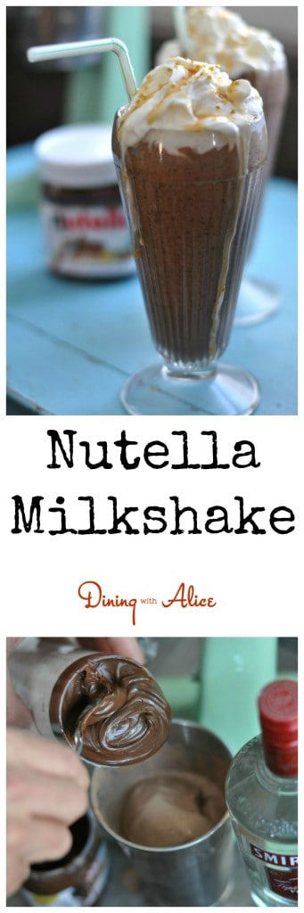 Creamy Chocolate Nutella Milkshake made with Nutella, chocolate milk and ice cream. Made boozy with vodka and creme de cacao. https://diningwithalice.com/desserts/nutella-milkshake/