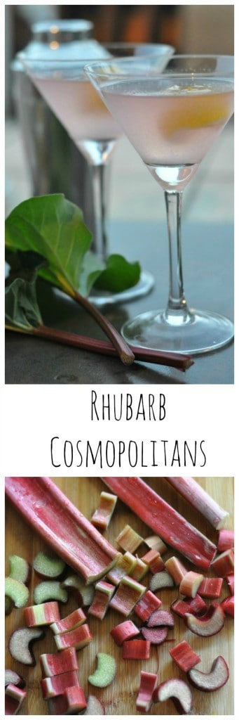 Rhubarb, spring's favorite vegetable, make Rhubarb cosmopolitans perfectly pink and tart. #rhubarb #cosmopolitans #cocktails #easy #spring