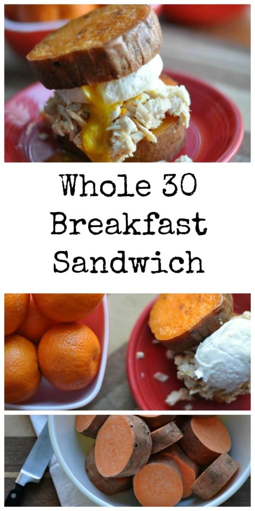 Whole 30 Breakfast Sandwich made with sweet potato buns and stuffed with orange chicken and poached eggs #whole30 #paleo