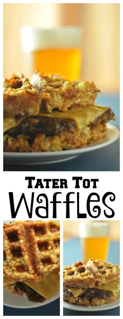 Tater Tot Waffles recipe makes a savory waffle perfect for a burger, grilled cheese or eggs. Only three ingredients and made on your waffle iron. https://diningwithalice.com/comfort-foods/tater-tot-waffles/