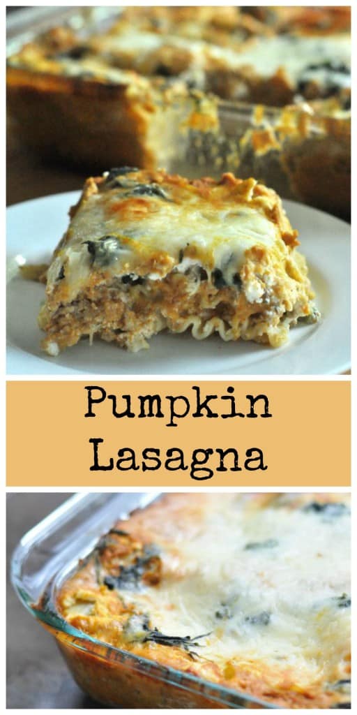 This Pumpkin lasagna is easy to make and filled with all the great flavors of fall. Stuffed with cheese, spinach, pumpkin and creamy alfredo. #pumpkin #lasagna #fall