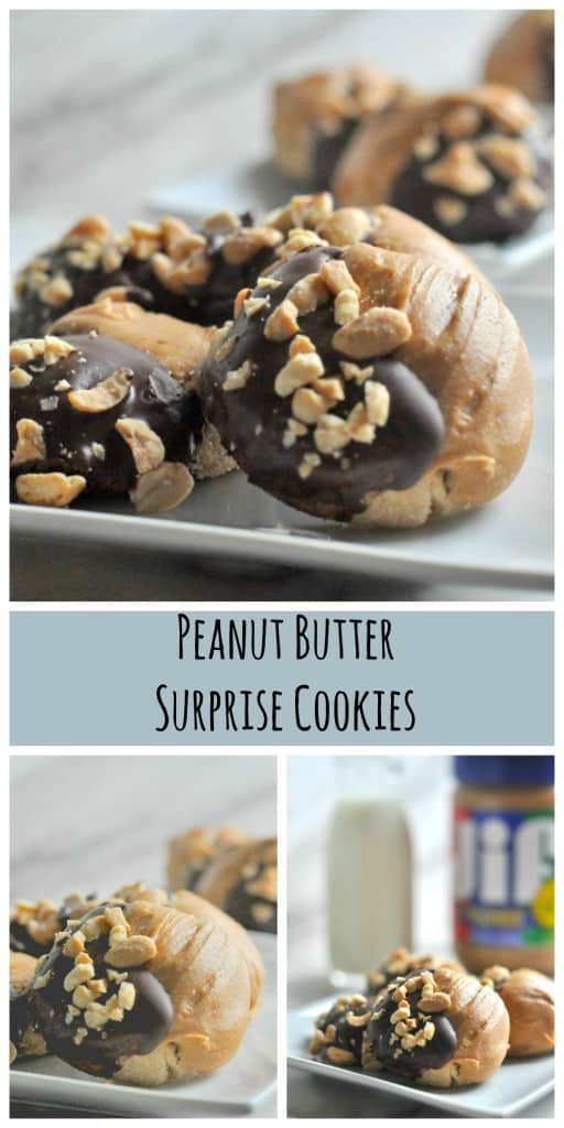 Peanut Butter Surprise Cookies are easy peanut butter cookies stuffed with Reese's Peanut Butter Cups then dipped in peanut butter and dark chocolate.