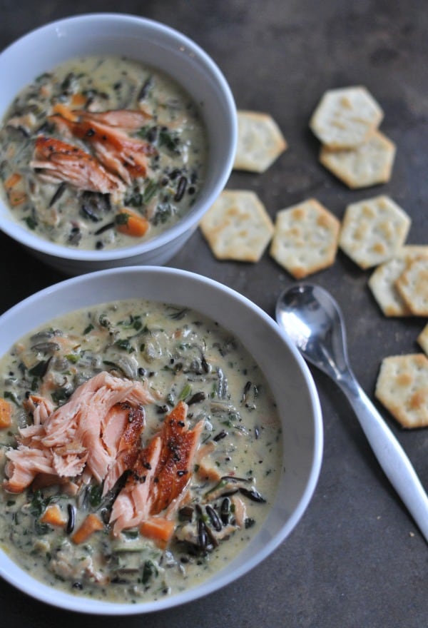 Salmon Wild Rice Soup is a creamy soup recipe filled with flavors of coriander, smoked salmon, Minnesota wild rice and sweet potatoes.The comfort food classic, creamy wild rice soup, gets a new spin with the addition of smoked salmon. Perfect for a cozy winter night or a meal you can share with friends, this soup is a unique way to incorporate salmon into dinner. https://diningwithalice.com/soup/salmon-wild-rice-soup/