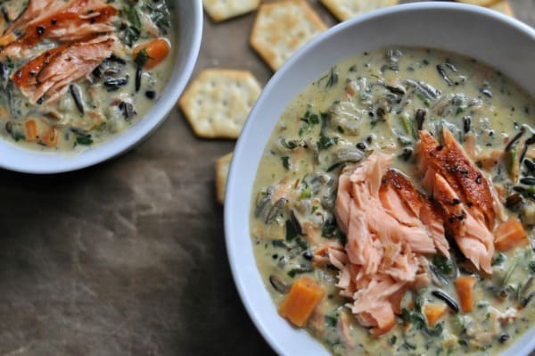 Salmon Wild Rice Soup is a creamy soup recipe filled with flavors of coriander, smoked salmon, Minnesota wild rice and sweet potatoes.The comfort food classic, creamy wild rice soup, gets a new spin with the addition of smoked salmon. Perfect for a cozy winter night or a meal you can share with friends, this soup is a unique way to incorporate salmon into dinner. https://diningwithalice.com/soup/salmon-wild-rice-soup/