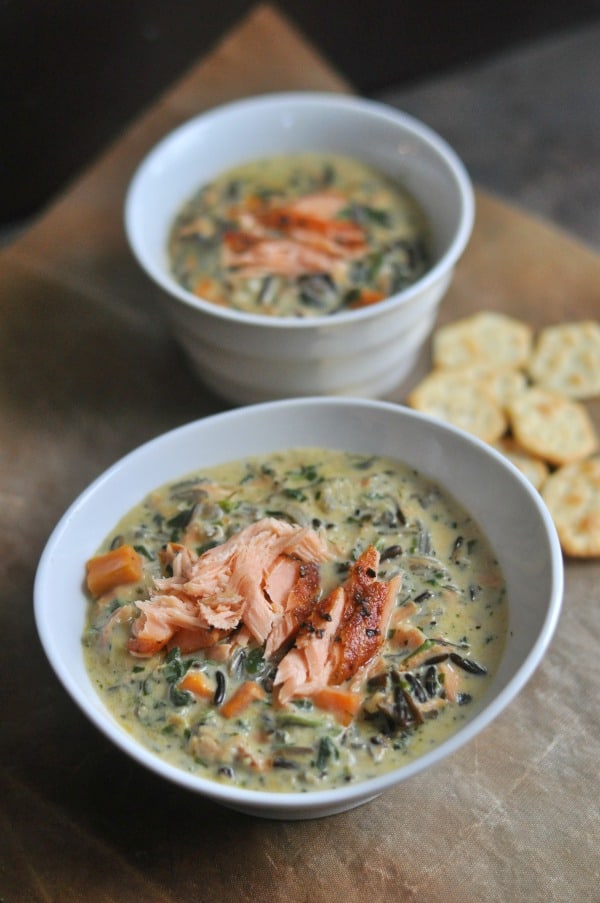 Salmon Wild Rice Soup is a creamy soup recipe filled with flavors of coriander, smoked salmon, Minnesota wild rice and sweet potatoes.The comfort food classic, creamy wild rice soup, gets a new spin with the addition of smoked salmon. Perfect for a cozy winter night or a meal you can share with friends, this soup is a unique way to incorporate salmon into dinner. https://diningwithalice.com/soup/salmon-wild-rice-soup/