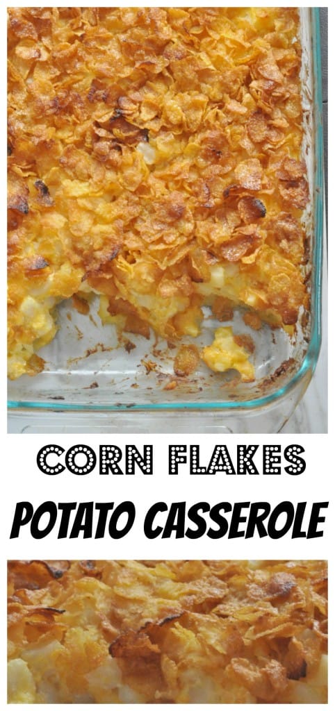 Holiday Classic! Corn Flakes Potato Cheesy Casserole recipe made with cubed hash browns, cheese and sour cream. Super simple and a hit for holiday meals!