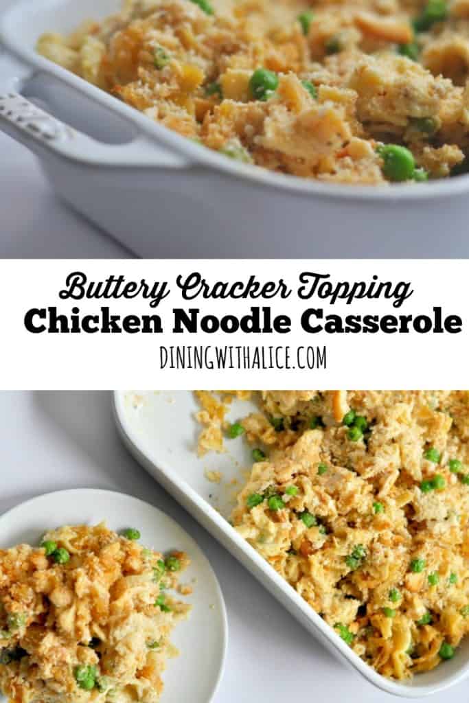 Easy Chicken Noodle Casserole recipe made with a creamy garlic and parmesan sauce, rotisserie chicken and topped with a buttery cracker topping. https://diningwithalice.com/weeknight-meals/chicken-noodle-casserole/