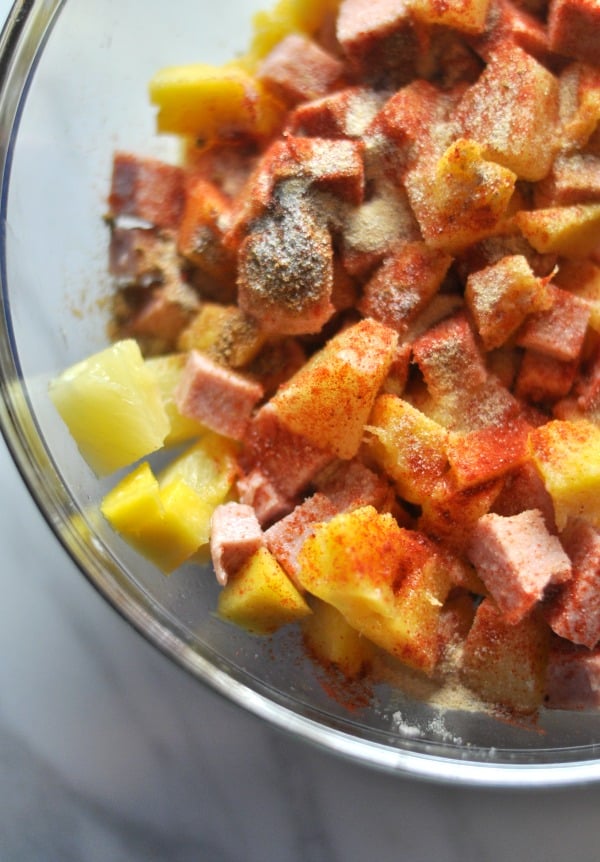 Hawaiian SPAM Skillet Dinner is an easy weeknight meal made with seasoned Pineapple and Mango. https://diningwithalice.com/weeknight-meals/hawaiian-spam-skillet-dinner/ 