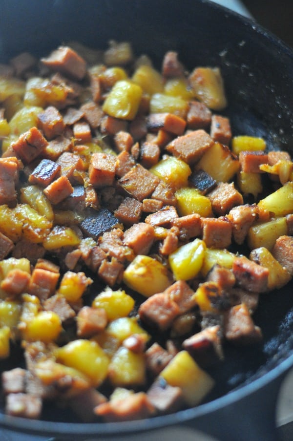 Hawaiian SPAM Skillet Dinner is an easy weeknight meal made with seasoned Pineapple and Mango. https://diningwithalice.com/weeknight-meals/hawaiian-spam-skillet-dinner/ 