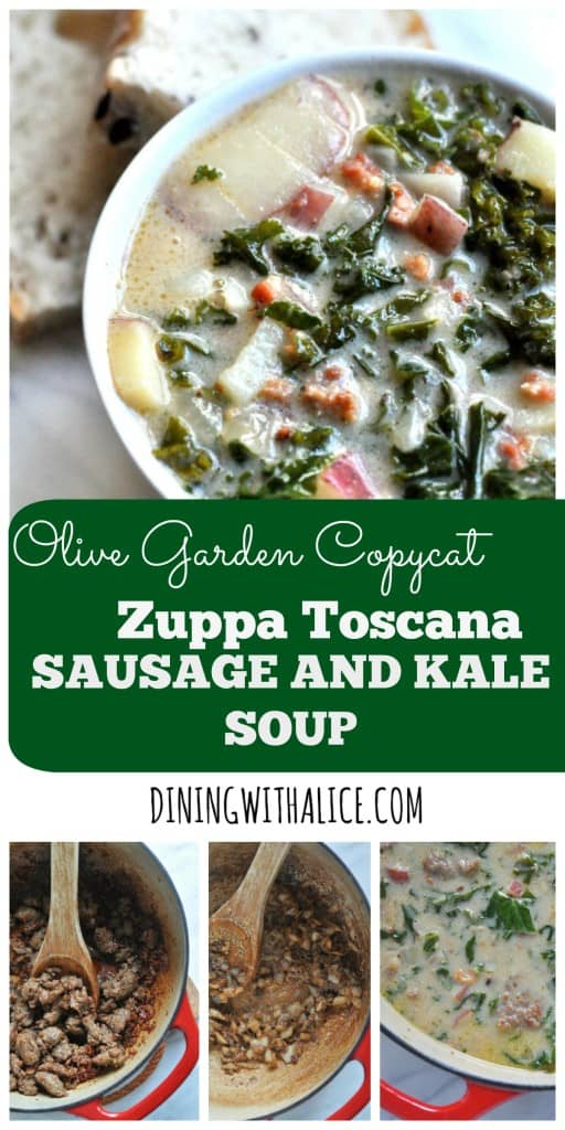 This Sausage and Kale Soup is an Olive Garden Zuppa Toscana copycat recipe made with bacon, Italian sausage, potatoes and fresh kale. https://diningwithalice.com/soup/sausage-and-kale-soup/ ‎