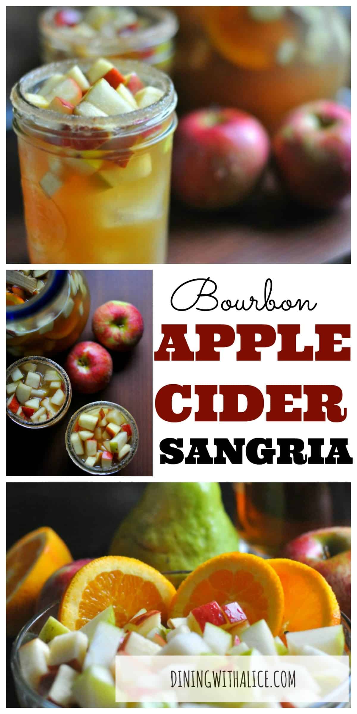 Super easy apple cider sangria made with sparkling wine and bourbon soaked apples and pears. Fall cocktail: https://diningwithalice.com/drinks/apple-cider-sangria-with-bourbon/