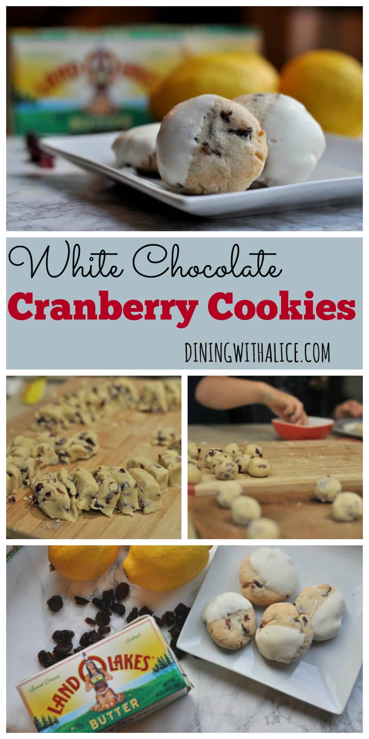 Easy recipe to make White Chocolate Cranberry Cookies. A buttery shortbread cookie with pops of lemon and cranberry and then dipped in white chocolate. https://diningwithalice.com/desserts/white-chocolate-cranberry-cookies/