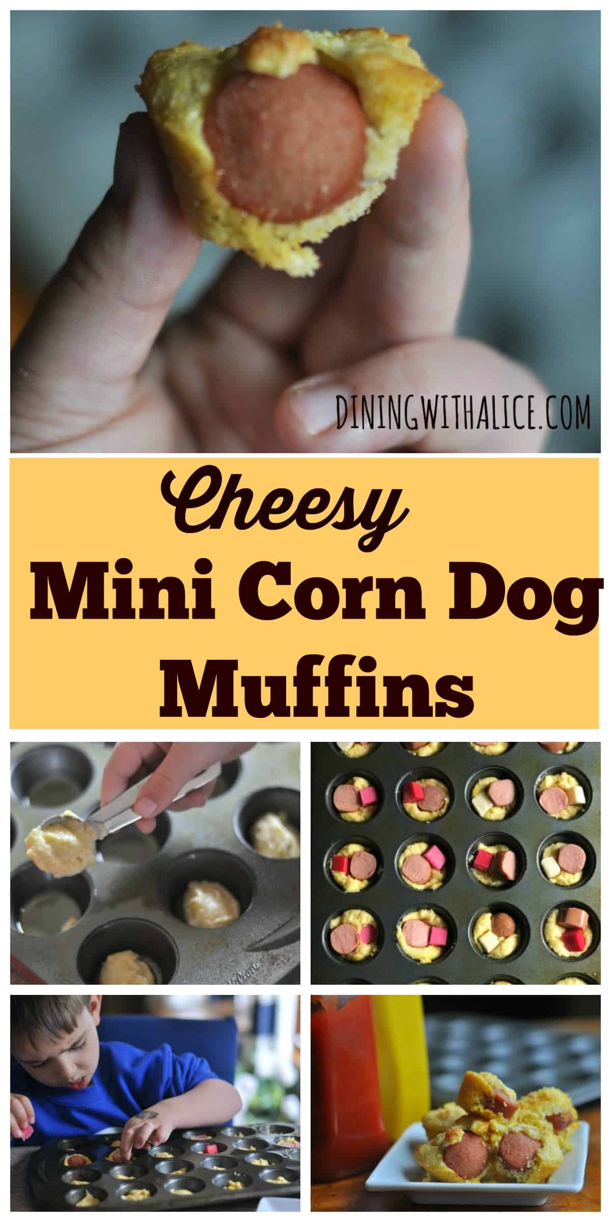 Cheesy Mini Corn Dog Muffins Simple Recipe A super easy Cheesy Mini Corn Dog Muffins recipe that makes a great weeknight meal, fun school lunch, or game day appetizer. https://diningwithalice.com/kids/cheesy-mini-corn-dog-muffins/