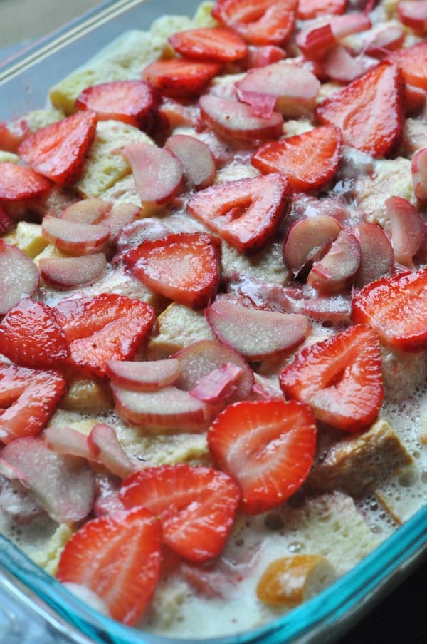 Strawberry Rhubarb French Toast Bake recipe brioche bread topping in a pan