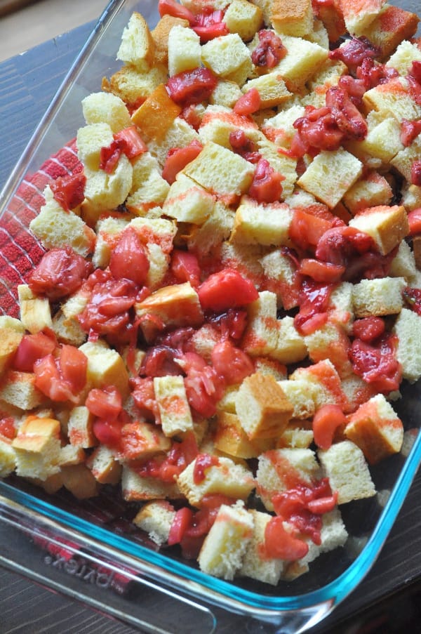 Strawberry Rhubarb French Toast Bake recipe brioche bread and rhubarb mixture