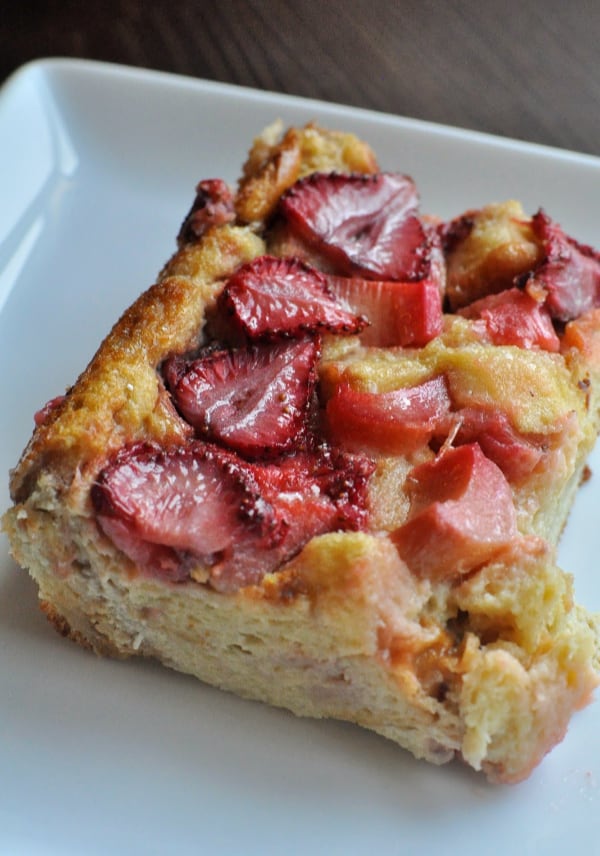 Strawberry Rhubarb French Toast Bake recipe piece of casserole on a plate.