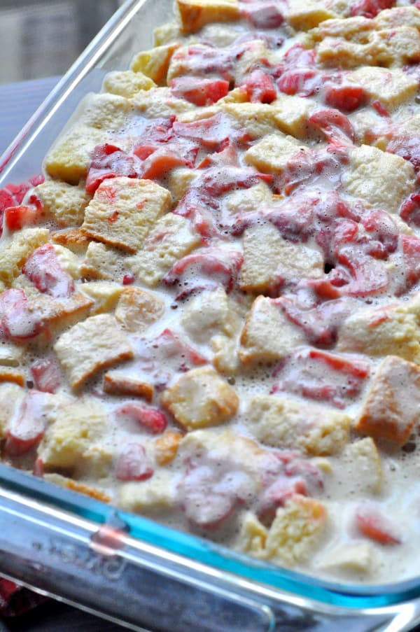 Strawberry Rhubarb French Toast Bake recipe in a pan