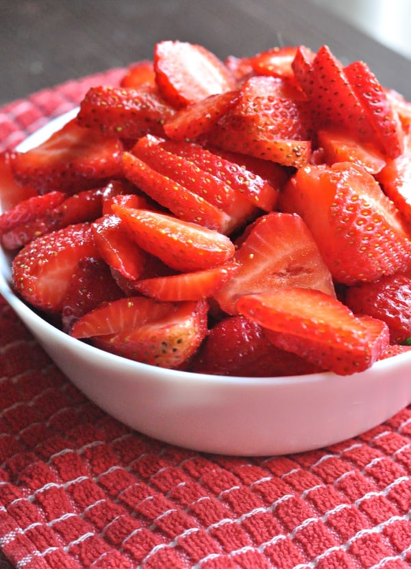 Strawberry Rhubarb French Toast Bake recipe fresh strawberries bowl