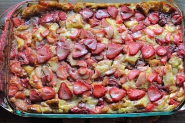 Strawberry Rhubarb French Toast Bake recipe brioche bread baked