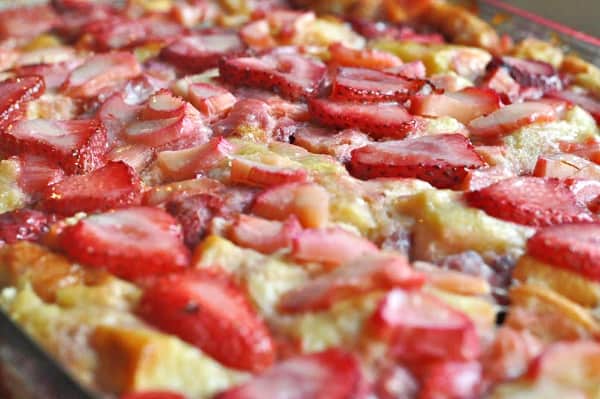 Strawberry Rhubarb French Toast Bake recipe up close of topping.