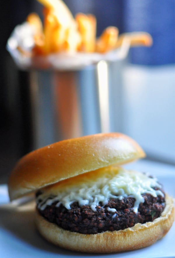 Mushroom and Beet Black Bean Burger with melted cheese