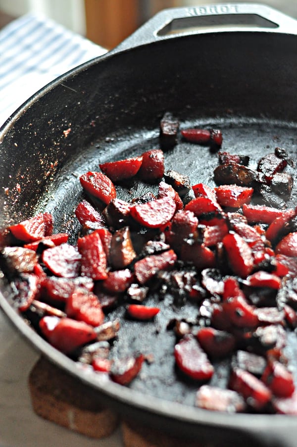 Mushroom and Beet Black Bean Burger made in a cast iron skillet