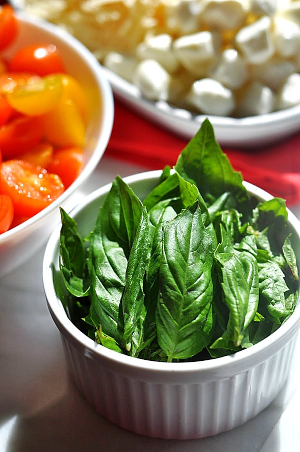 Caprese pasta salad ingredients of basil