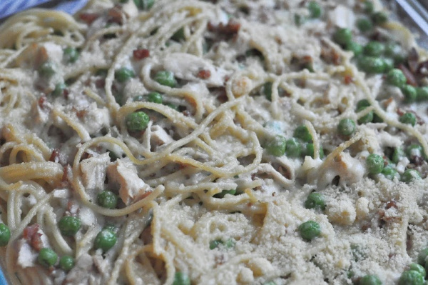 casserole of noodles, peas, and turkey Original Turkey Tetrazzini recipe with leftover turkey and a cream cheese sauce! A traditional Turkey Tetrazzini recipe great for a crowd!