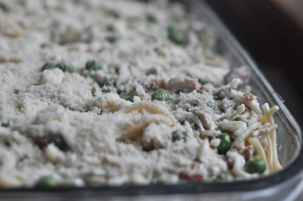 close up of the corner of the casserole Original Turkey Tetrazzini recipe with leftover turkey and a cream cheese sauce! A traditional Turkey Tetrazzini recipe great for a crowd!