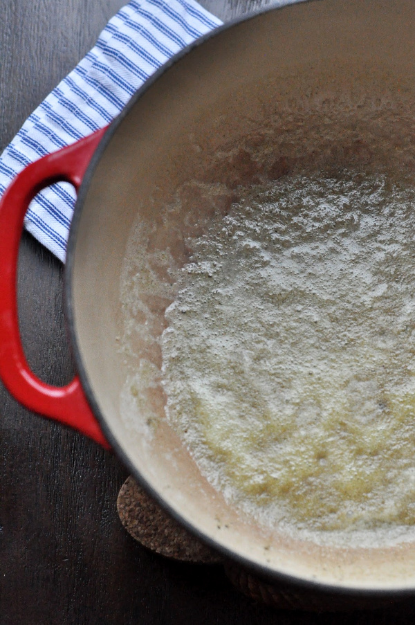 Butter with seasoning boiling Original Turkey Tetrazzini recipe with leftover turkey and a cream cheese sauce! A traditional Turkey Tetrazzini recipe great for a crowd!