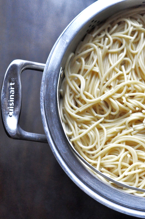 Spaghetti after cooking Original Turkey Tetrazzini recipe with leftover turkey and a cream cheese sauce! A traditional Turkey Tetrazzini recipe great for a crowd!