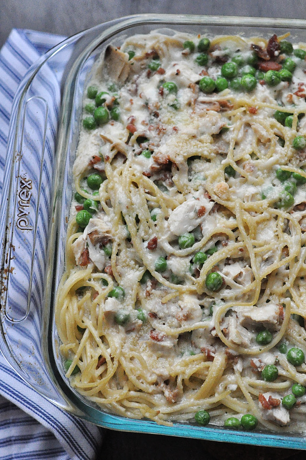 finished casserole Original Turkey Tetrazzini recipe with leftover turkey and a cream cheese sauce! A traditional Turkey Tetrazzini recipe great for a crowd!