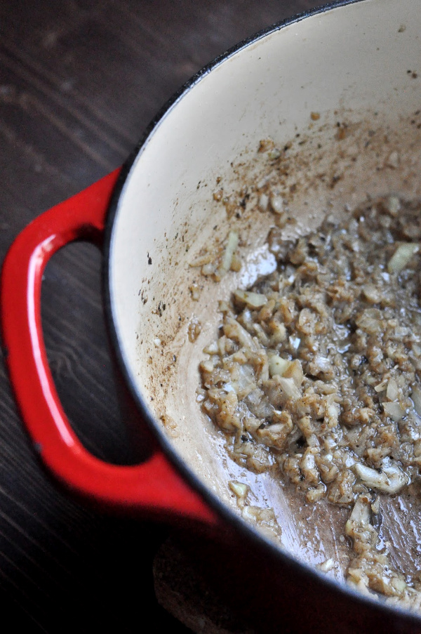 onion cooking in pan for vegetarian wild rice soup