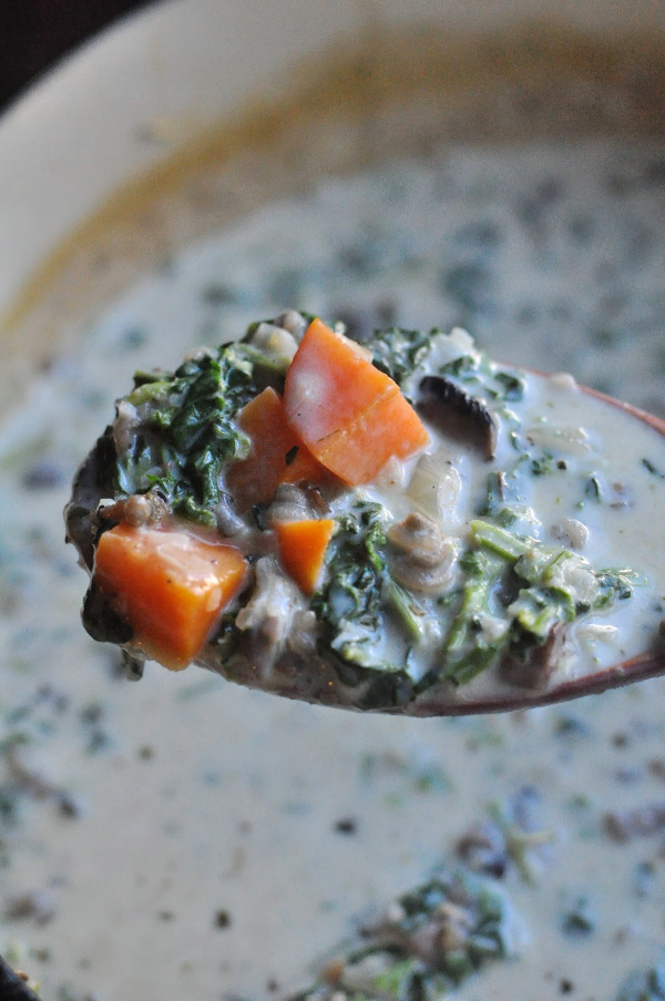 sweet potato on a spoon of vegetarian wild rice soup