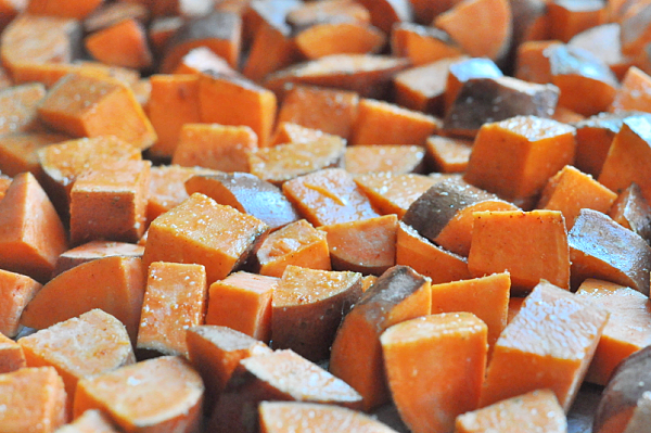 Roasted Sweet Potato Salad sweet potatoes on a pan before baking